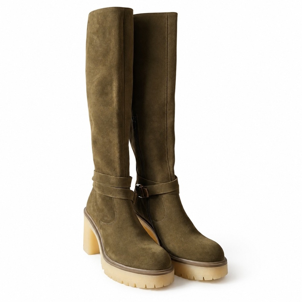 FREE PEOPLE "Jasper" Tall Boots Sz EU/37 US/7 Olive Green Suede Buckle Platform